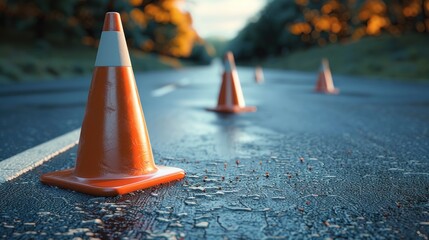 Roadwork safety with bright orange cones along a highway's edge
