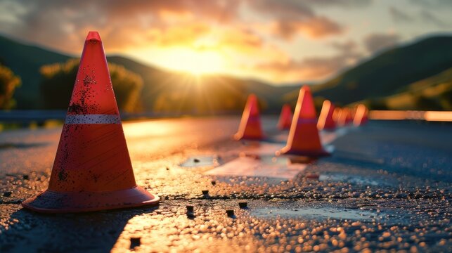 Roadwork safety with bright orange cones along a highway's edge