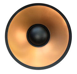 loudspeaker woofer isolated on white background (cut out gold colored subwoofer cone with black...