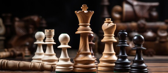 A collection of black and white chess pieces arranged on a wooden table, ready for a game to begin. The pieces are positioned strategically, showcasing the start of a competitive match.