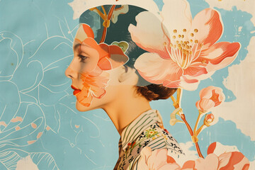 floral collage of woman and cherry blossoms