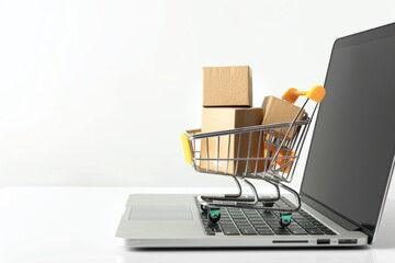 Shopping cart on laptop keyboard against white background.