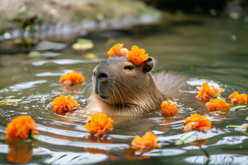 photo of a capybara swimming with orange flowers