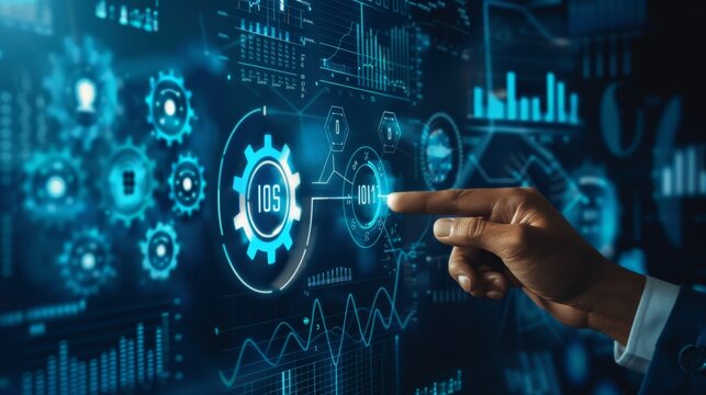 Business data analytics management with connected gear cogs with KPI financial charts and graphs. Businessman hand pressing an imaginary button on virtual screen