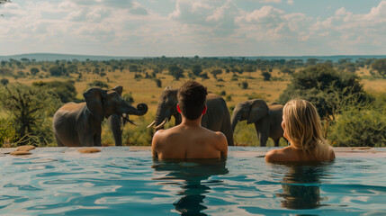 A couple in a swimming pool with the background of Elephants in the savanna in Africa, a safari camp, and a luxury lodge pool in the bush in South Africa	