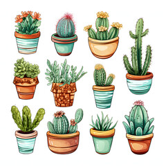 Watercolor Set Of Colorful Cactus Plants And Succulent Plants In Pot Isolated On White Background