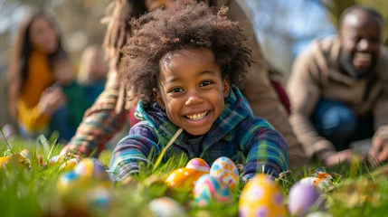 Zelfklevend Fotobehang Black family with Kids on Easter egg hunt in blooming spring garden. Children searching for colorful eggs in flower meadow, family together at Easter holiday  © Fokke Baarssen