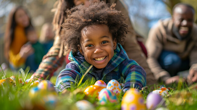 Black family with Kids on Easter egg hunt in blooming spring garden. Children searching for colorful eggs in flower meadow, family together at Easter holiday	