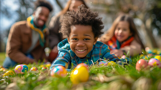 Black Kids on Easter egg hunt in blooming spring garden. Children searching for colorful eggs in flower meadow, family together at Easter holiday	
