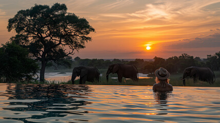 A couple in a swimming pool with the background of Elephants in the savanna in Africa at sunset, a...