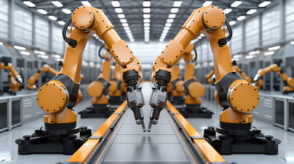 automation robot arms machines in intelligent factory industries, and Robots in manufacturing. welding robotics automatic arms machine in intelligent factory Artificial intelligence - obrazy, fototapety, plakaty