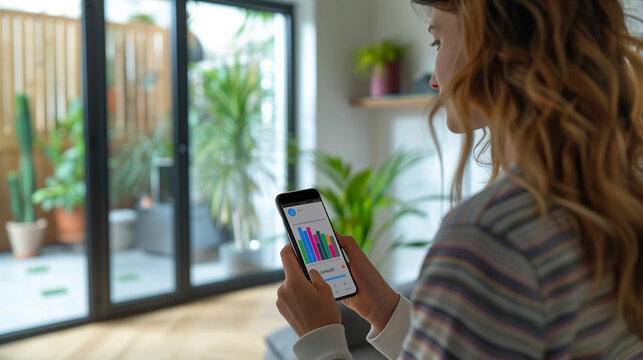 Women with a mobile phone monitor home electricity usage, woman in the kitchen check energy usage to save electricity bills, and energy transition	