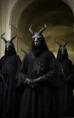 Obraz premium Mysterious Figures with Goat Masks in Dark Cloaks