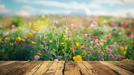 Naklejka na ściany i meble Wooden table top with copy space. Flower field background