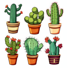 Watercolor Set Of Colorful Cactus Plants And Succulent Plants In Pot Isolated On White Background