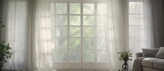 A black and white living room featuring a plush sofa, a coffee table, and sleek modern furniture. The room is illuminated by natural light coming through white curtains on the windows.