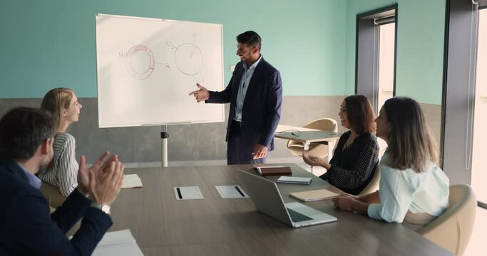 Confident mature Indian business trainer, company boss gives flip chart presentation for seminar participants, explain corporate strategy and results, share ideas, provide information. Training event