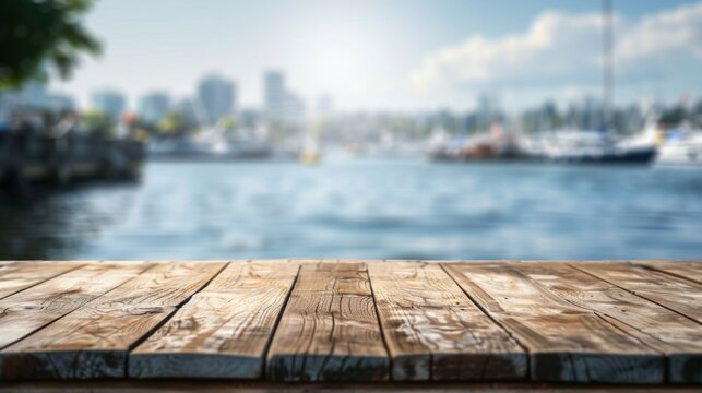 Fototapeta Wooden harbor docks top with copy space. Harbor background