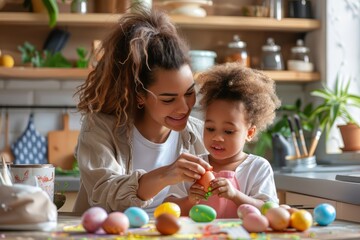 Naklejka premium Loving ethnic young mother teaching happy little kid soon to dye and decorate eggs.Easter traditions