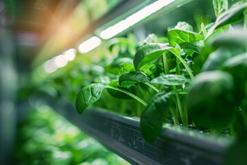 Green plants under white LED lamps on hydroponic farm