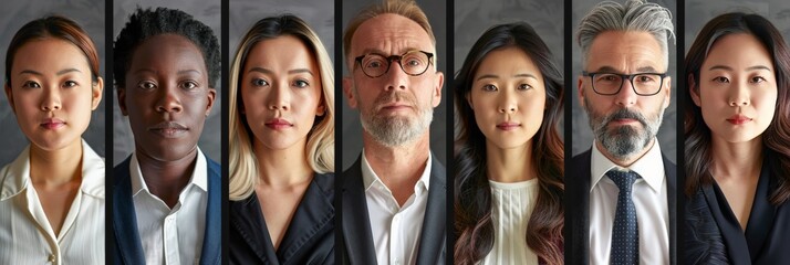 Collage of portraits of an ethnically diverse and mixed age group of focused business professionals