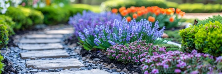 Vibrant spring garden path with flowers, greenery, stream, and butterflies for serene backdrop