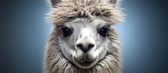 Obraz premium A medium silver gray Alpaca, known as Lama pacos, is seen in close-up, facing the camera against a striking blue background. The llamas facial features are highlighted, showcasing its expressive eyes