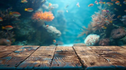 Wooden table top with copy space. Aquarium background - obrazy, fototapety, plakaty