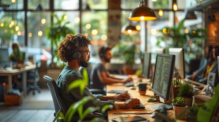 People working in an office with computers and headphones