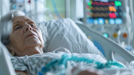 Elderly woman is in a hospital ward, connected to life support equipment, monitors, fighting to live. - obrazy, fototapety, plakaty