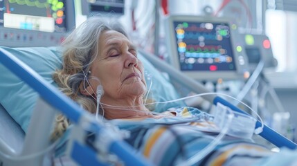Elderly woman is in a hospital ward, connected to life support equipment, monitors, fighting to live.