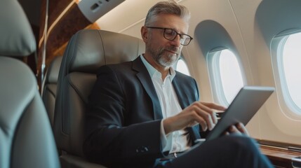 Middle-aged handsome man and businessman in suit using tablet on plane during business trip to another country.