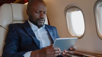 Cercles muraux Ancien avion Middle aged African businessman in dark blue suit using tablet on plane during business trip