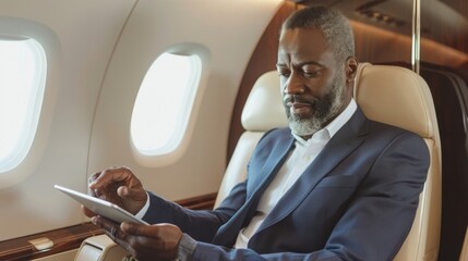 Middle aged African businessman in dark blue suit using tablet on plane during business trip