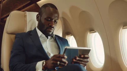 Cercles muraux Ancien avion Middle aged African businessman in dark blue suit using tablet on plane during business trip