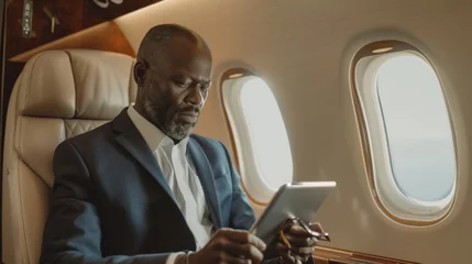 Fototapete Alte Flugzeuge Middle aged African businessman in dark blue suit using tablet on plane during business trip