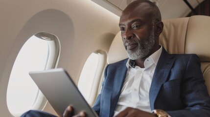 Middle aged African businessman in dark blue suit using tablet on plane during business trip