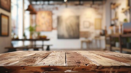 Wooden table top with copy space. Art gallery background