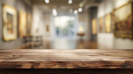 Wooden table top with copy space. Art gallery background