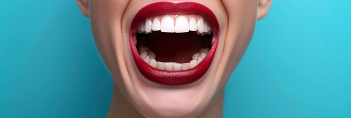 Laughing woman's mouth with great teeth over blue background.