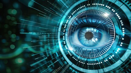 Modern technology - eye ID concept. A closer look at the eye's intricate details, marked by lasers for personalized identification.