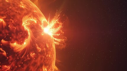 A powerful flare on the sun surface. Plasma release. Electromagnetic attack. Dynamic release of plasma on the sun's surface. - obrazy, fototapety, plakaty