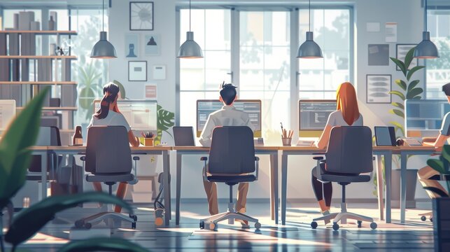 Group of people in a workplace sitting on desks and working in the modern office, 2D Illustration.