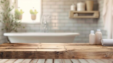 Wooden table top with copy space. Bathroom background