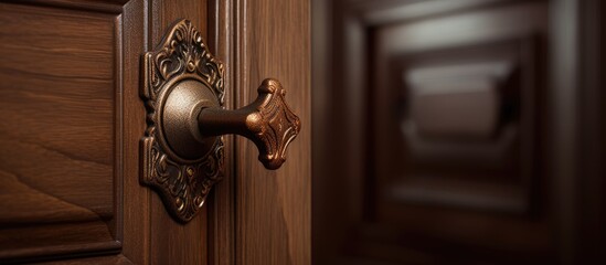 This close-up shot showcases a wooden door handle painted in brown on a classic European-style door. The intricate details of the handle are visible, highlighting its design and craftsmanship.