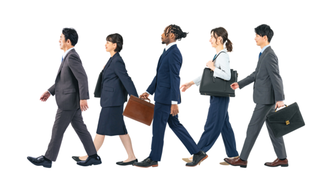 歩く多国籍のビジネスパーソンのグループ　手作業で精密に切り抜いた背景透過全身写真PNG（1人ずつのPNG画像も販売しております。作成者リンクから「PNG」で検索してください）