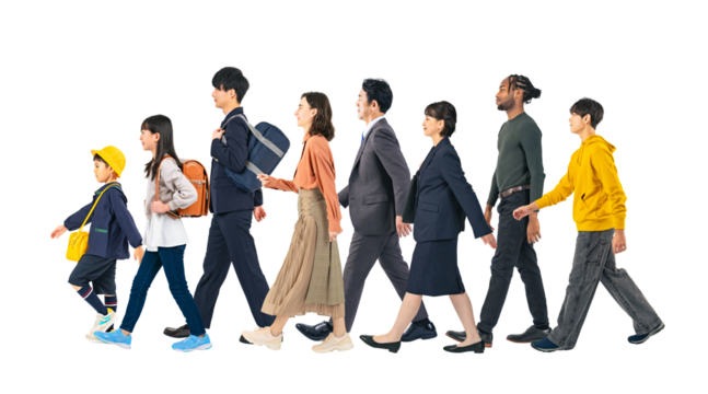 歩く様々な世代や国籍の人々　手作業で精密に切り抜いた背景透過全身写真PNG（1人ずつのPNG画像も販売しております。作成者リンクから「PNG」で検索してください）