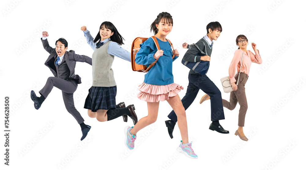 Poster ジャンプする子供と両親のファミリーイメージ　手作業で精密に切り抜いた背景透過全身写真png（1人ずつのpng画像も販売しております。作成者リンクから「png」で検索してください）