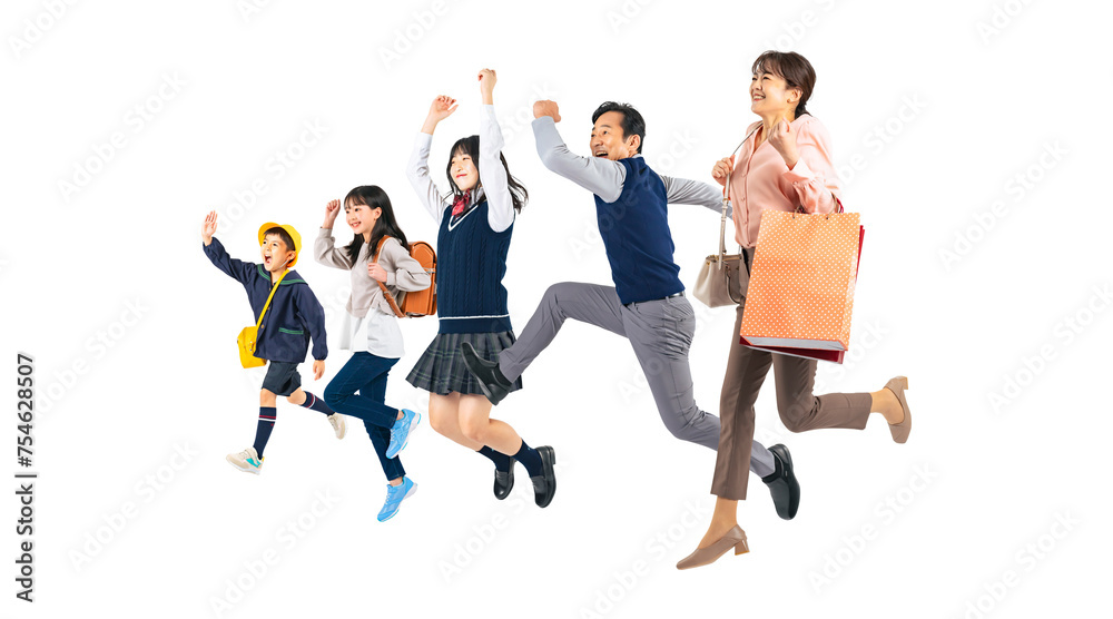 Aufkleber ジャンプする子供と両親のファミリーイメージ　手作業で精密に切り抜いた背景透過全身写真png（1人ずつのpng画像も販売しております。作成者リンクから「png」で検索してください）