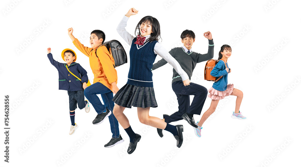 Aufkleber ジャンプする子供達のグループ　小中学生・幼稚園児　手作業で精密に切り抜いた背景透過全身写真png（1人ずつのpng画像も販売しております。作成者リンクから「png」で検索してください）